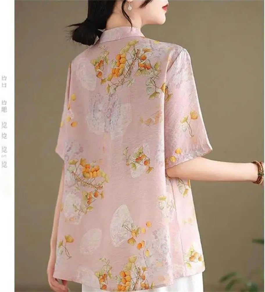 Chinese Style Floral Tang Suit Blouse for Women Summer Retro Stand Collar Ethnic Style Cotton and Linen Buckle Shirt