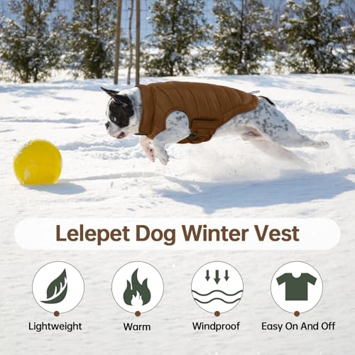 Image of Lelepet Reversible Dog Coat Windproof Dog Jacket Lightweight Puffer Vest | Winter Jacket Warm Cold Weather Coat for Medium Dogs Adjustbale Hook & Loop Pet Apparel with Leash Hole, Pug, Brown, M