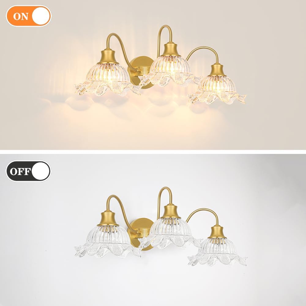 Brushed Gold Bathroom Vanity Light Fixture Vintage 3 Light Bathroom Lighting Over Mirror, Farmhouse 24'' Wall Sconce Lighting with Flower Glass Shades, Easy Mount for Makeup Area, E26 Bulb Compatible