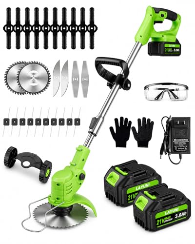 Cordless Weed Wacker with Wheels 880W Electric Weed Eater with 2 x Batteries 3-in-1 Battery Powered Grass Trimmer/Brush Cutter with 5 Types Saw Blades Lightweight for Lawn & Garden