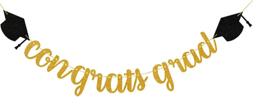 TIMSEKER Congrats Grad Gold Glitter Banner, Graduate Party Decorations, Graduation Hanging Banner, Black Gold Ceiling Ornament, Hanging Ornament for Graduation Congratulation Grad Party Decoration Supply