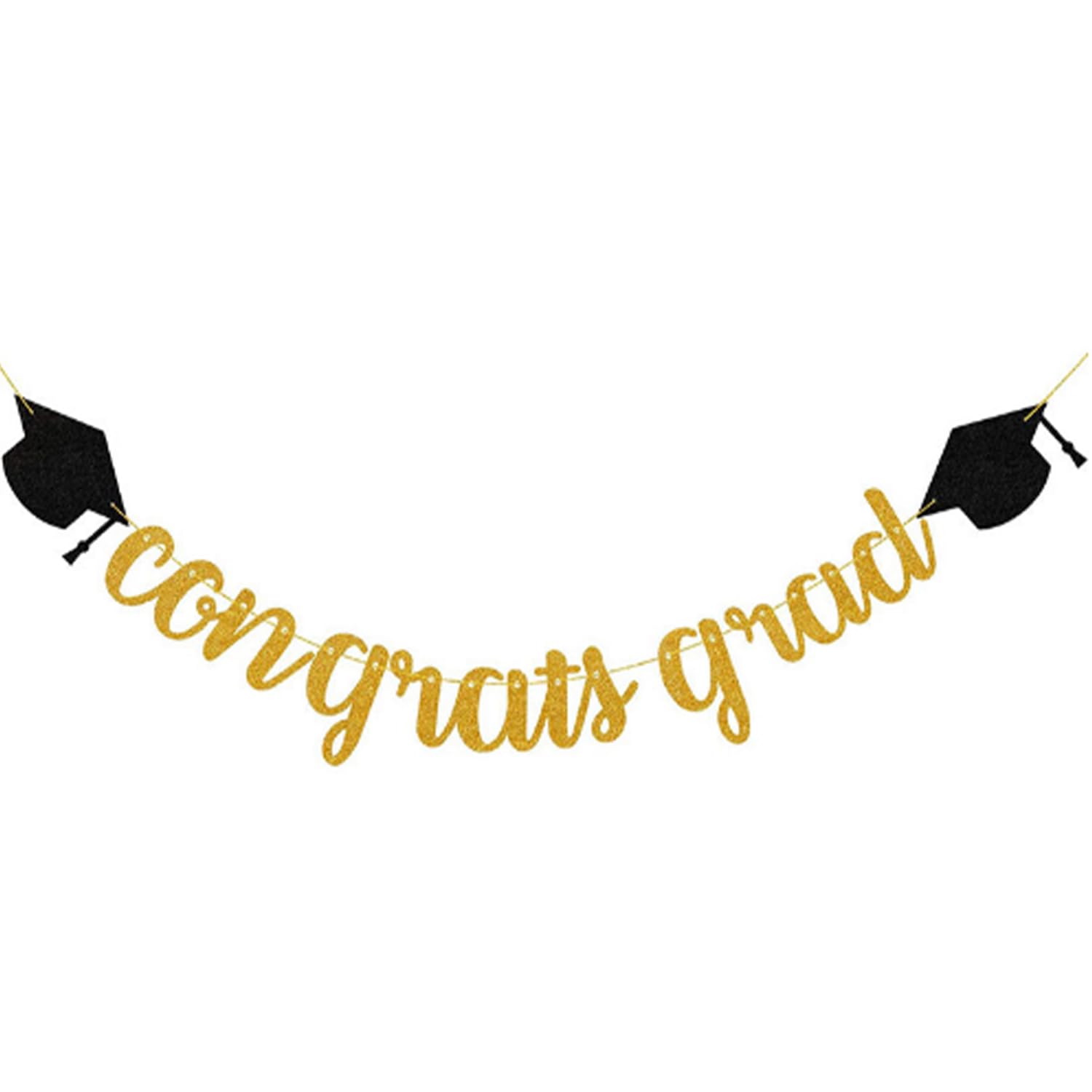 Congrats Grad Gold Glitter Banner, Graduate Party Decorations, Graduation Hanging Banner, Black Gold Ceiling Ornament, Hanging Ornament for Graduation Congratulation Grad Party Decoration Supply