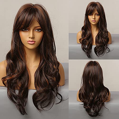 HAIRCUBE Brown Wigs with Bangs Auburn Highlight Long Curly Wigs for Women Daily Use Natural
