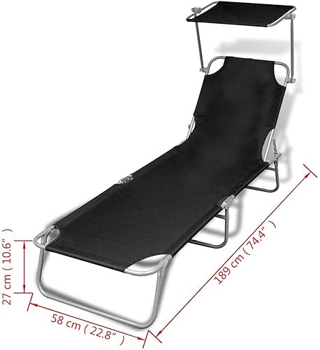 Miniatura 2 de vidaXL Tumbona plegable con toldo de tela de acero negro asiento de silla relajante