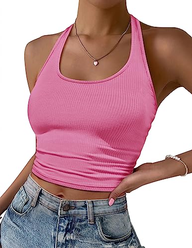 Image of Ekouaer Women Halter Top Backless Scroop Neck Slim Stretchy Ribbed Knit Camisole Crop Tops S-XXL