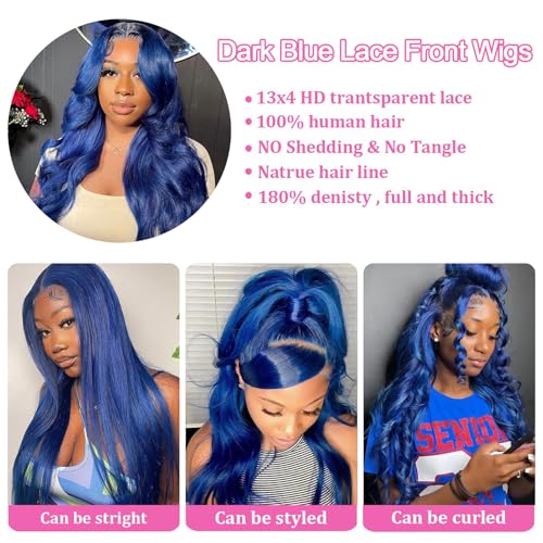 Image of 26 Inch Drak Blue 13x4 Body Wave Lace Front Wigs Human Hair 180 Density Glueless HD Transparent Lace Frontal Wigs Human Hair Pre Plucked With Baby Hair Blue Wigs For Women