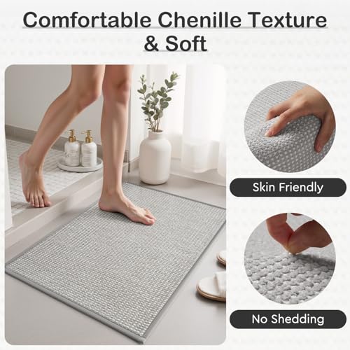MontVoo Bath Mat,Chenille Absorbent Bathroom Mat Quick Dry Rubber Backed Bathroom Rugs Non Slip Washable Bath Mats,Ultra Thin Bathroom Rugs Fit Under Door,20"x32",Grey — view 3