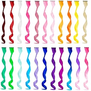 22 PCS Rainbow Colored Hair Extensions Clip In for Girls 22 Inch Colorful Curly Wavy Hair Extensions for Party Highlights Hair Accessories Hair Pieces for Women