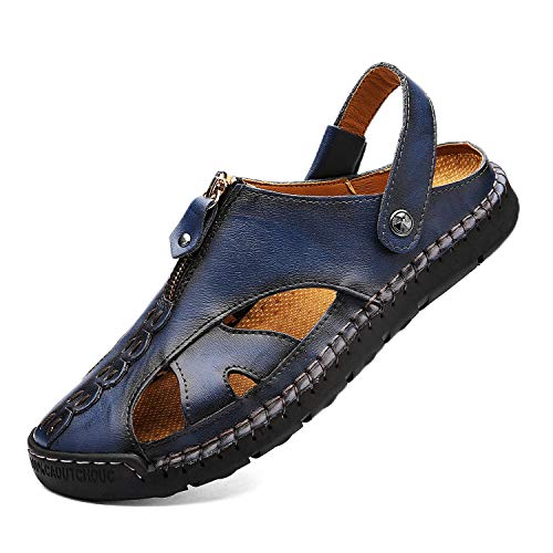 Image of JAMONWU Men's Casual Closed Toe Adjustable Leather Sandals Handmade Fisherman Beach Sandals