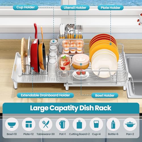 Image of TOOLF Expandable Dish Rack, Dish Drying Rack for Kitchen Counter, Foldable Dish Dryer Rack, Stainless Steel Dish Drainer Racks with Cutlery Holder, Collapsible Dish Drying Racks Large Size, White