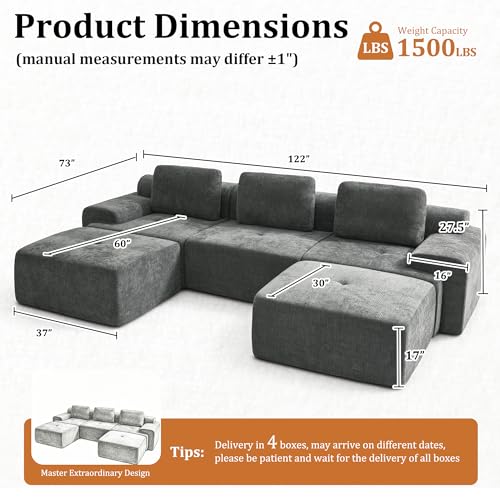 Image of 122 inch U Shaped Oversized Boneless Couch, Comfort Cloud Sectional Couches for Living Room, Modular Sofa High Back & Extra Deep Seat, No Assembly, Soft Chenille (Dark Grey, 122 inch-U shaped(3+2))