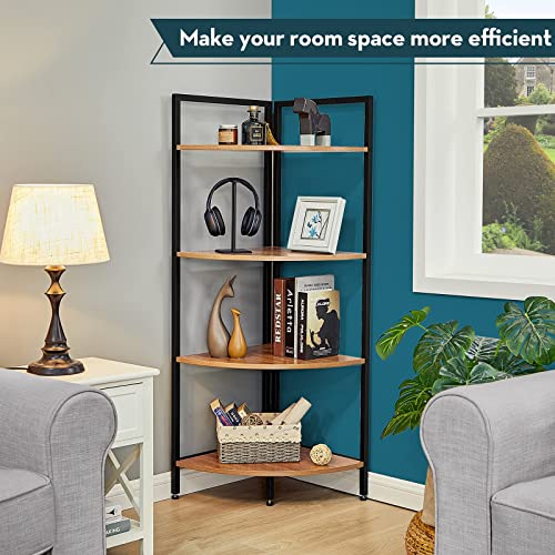 Saygoer Corner Bookshelf 4 Tier Stand Storage Shelf Modern Black Bookcase Ladder Standing Shelves Display Rack Plant Stand For Small Spaces, Bedroom, Living Room,Walnut Oak #TOP3