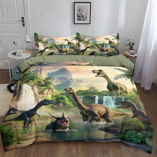 Dinosaure De Dessin Animé Housse de Couette 90 x 190 cm pour Adulte Enfant - Cascade De La Forêt Imprimé 1 Personnes Parure de Lit, Doux Sets de Housse...