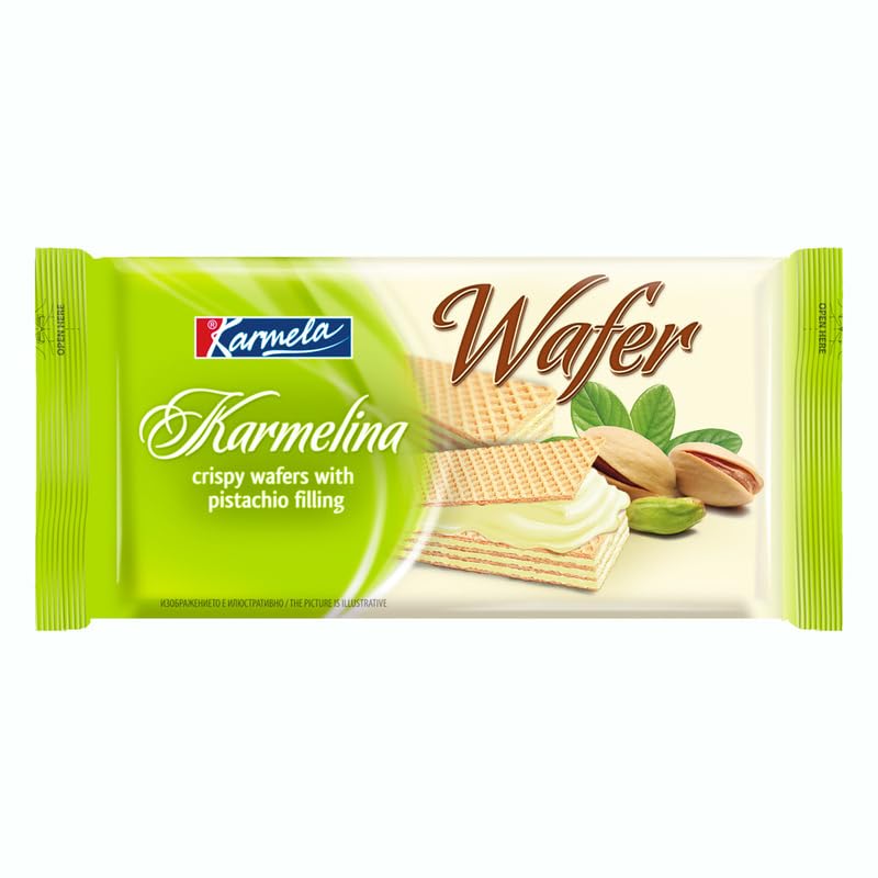 WAFER con Crema de Pistacho KARMELINA – Caja 24 Unidades 55 g – Barquillo Crujiente Relleno de Crema de Pistacho, Snack Dulce y Gourmet