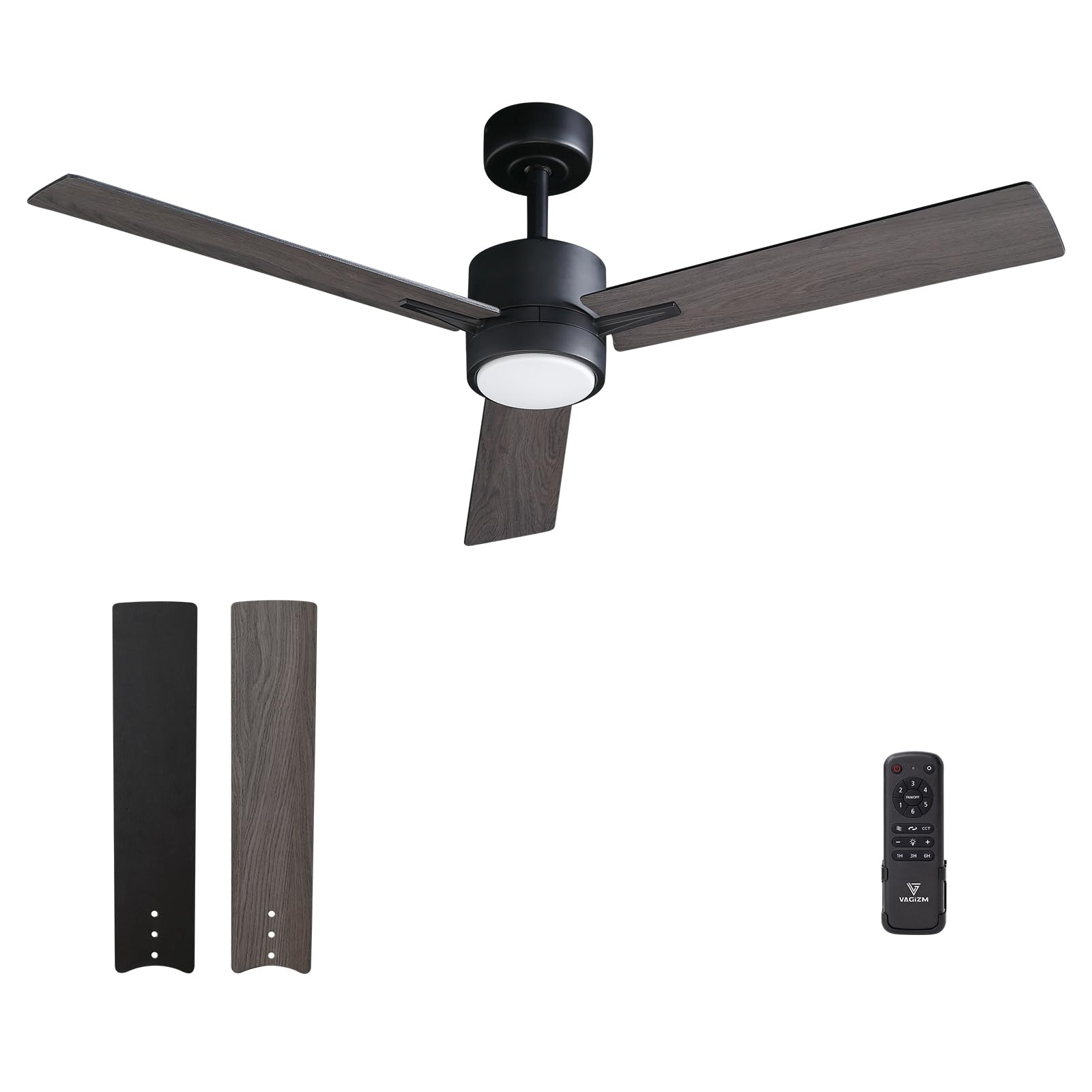 Vagizm 52 inch Ceiling Fan with Light for Bedroom - Reversible Function - 3 Color Temperature & Dimmable Brightness - Quiet Operation - Suitable for Living Room & Patios - 3 Blades Black