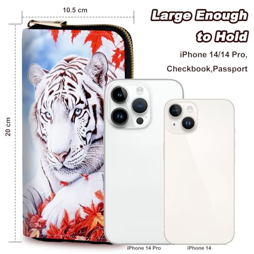 Wristlet Wallet for Women Teen Girls Womens Wallet RFID Blocking Credit Card Holder with Removable Wristlet,Leather Phone Wallet Clutch Large Capacity Ladies Travel Purs,Maple Leaf White Tiger3