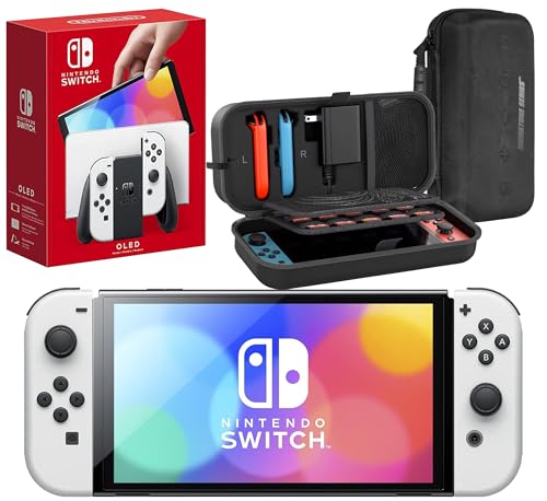 Nintendo Switch OLED with Signature Series Travel Case | Vivid 7” OLED Screen with 64 GB Internal Storage, Enhanced Audio, and Wide Adjustable Stand (White)