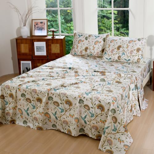 Image of FADFAY Twin 100% Egyptian Cotton Sheets Set 4 Piece, Luxury Cottagecore Botanical Floral Bird Print Ultra Soft Cooling Bed Sheets Set, Breathable Deep Pocket Hotel Quality Bedding for Hot Sleepers