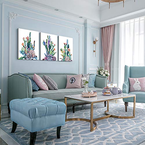 Canvas Art Simple Life Green Cactus Desert Plant Painting Wall Art Decor 16" X 24" 3 Pieces Framed Canvas Prints Watercolor Ready To Hang For Home Decoration Living Room Bedroom Bathroom Artwork #TOP4