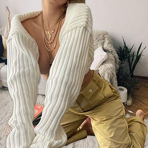 Image of High Collar Long Puff Sleeve Sweater Knitwear Solid Color Pullover Crop Top Ultra Short Turtleneck Sweatshirt