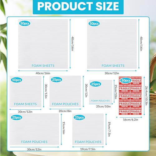 AOBOPLE Pacote com 250 Folhas de Espuma e Bolsas de Espuma, Bolsa de Espuma de 4 Tamanhos e Folhas d