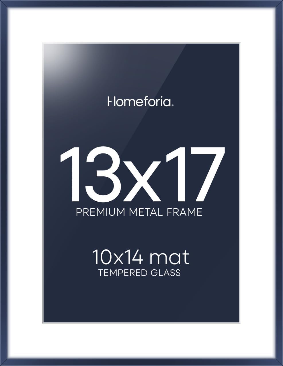 Homeforia 13x17 Picture Frame Navy Blue, High End Metal 13x17 Poster Frames with Mat 10x14 Photo, 13 x 17 Navy Blue Frame Matted to 10 by 14 Print, 17x13 Thin Frame, Tempered Glass, Wall Kit, Set of 1