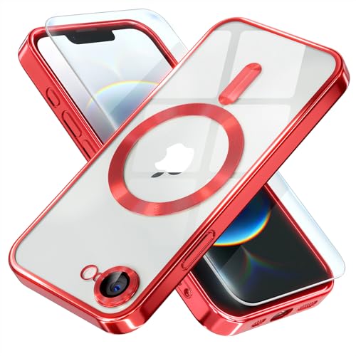 Image of Misea Magnetic for iPhone 17e / 16e Case Compatible with MagSafe Red | [Never Yellowing] [Military Drop Protection] Full Camera Lens Protector Plating Soft Clear Phone Case for Women, Red