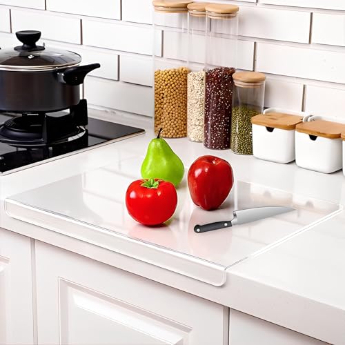 Planche à Découper en Acrylique Transparent, 30 x 40 Cm, Alternative Aux Planche a Decouper en Verre, Avec Tapis Antidérapant en Silicone, Protection Plan de Travail Cuisine
