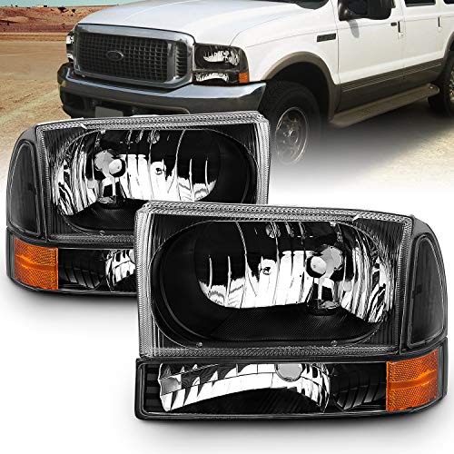 AmeriLite for 1999-2004 Ford Super Duty F250 F350 F450 F550 | Excursion Black Factory Style Replacement Headlights w/Corner Bumper Corner Set - Passenger and Driver Side