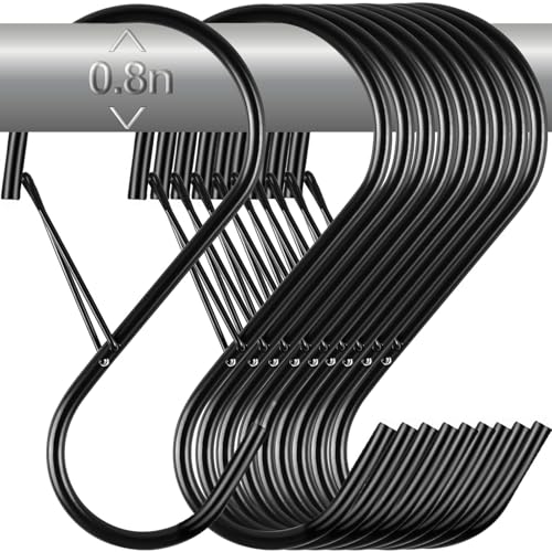 12 Pack Large S Hooks for Hanging Plants with Safety Buckle- Heavy Duty Solid Metal Steel Black S...