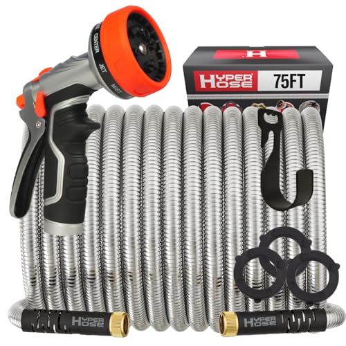 Best 75 ft Metal Garden Hose Set - No-Kink Durable 316 Stainless Steel 10-Way Zync Spray Nozzle & Hook Tough Flexible Heavy Duty Water Hoses 5/8 in Rust Weather LeakProof