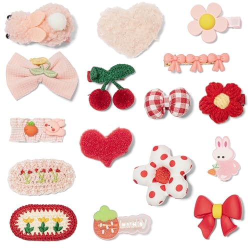 Image of 16 Pcs Hair Clips for Girls, Non-Slip Bows & Cute Hair Barrettes for Toddlers, Kids, & Teens, Assorted Pink & Red Hair Accessories for Baby Girls, Children's Gift Set for Fine or Thick Hair
