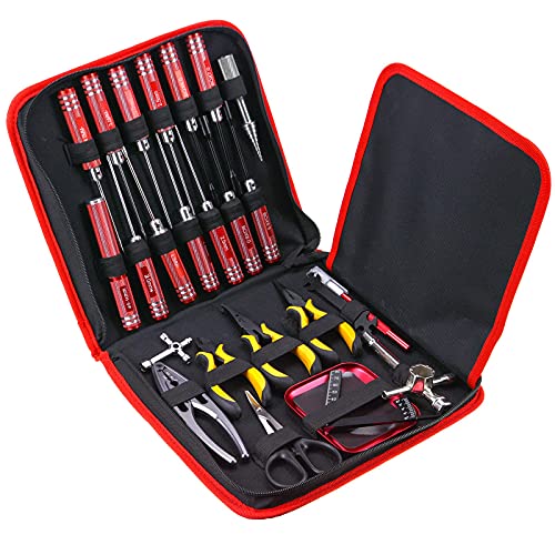Image of RC Car Tool Kit (27pcs), Screwdriver Set (Flat, Phillips, Hex), Pliers, Cross Wrench, Body Reamer, Stand, Polished Bar Hobby Repair Tools for Traxxas Car Quadcopter Drone Helicopter Airplane