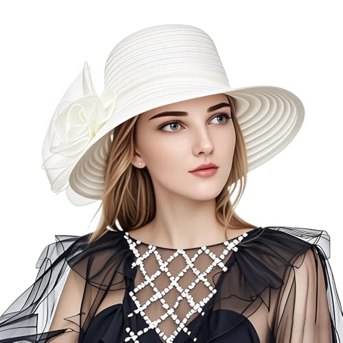 Listado de Sombreros de vestir para Mujer que Puedes Comprar On-line. 46 Haoohu Sombrero Derby de Iglesia para Mujer, Sombrero de ala Ancha, Sombrero de cubeta de Lazo para Boda, Sombrero de Fiesta de té, Blanco, Talla única