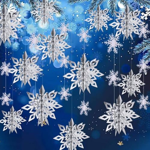Image of Snowflake Decorations, Paper Christmas Hanging Decor Indoor, Silver, 36-Pc