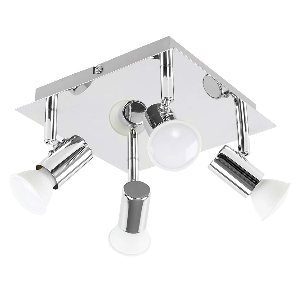 MiniSun | Modern Polished Chrome Square Plate 4 Way Ceiling Spotlight | Ceiling Spots, Home Décor & Improvement Essential | Includes 5W LED Bulbs [Warm White] | Mains Wired