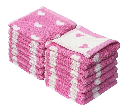 Image of ORIGINAL KIDS Wash Cloth - Bath Time Hearts 12 Pack Washcloth Set - 100% Cotton Jacquard Colorful Absorbent Quick Dry Face Towel - Super Soft Face Cloth 12x12 inches - Pink White