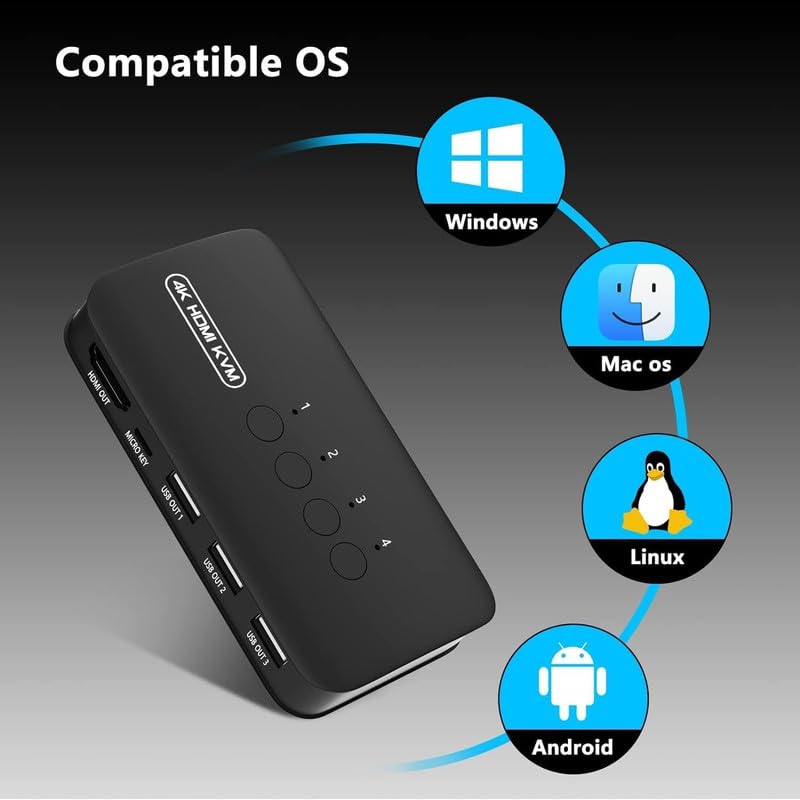 Image of COOLCOLD KVM Switch | 4 Port HDMI USB Switcher for 4 Computer Share a 4K@30Hz Monitor and 3 USB Device Keyboard Mouse Printer, Including 4 KVM Cables - Share One Monitor Between PC /Laptop /Projector