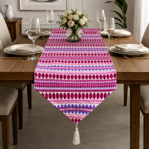 Image of STITCHNEST Woven Table Runner 13x72 Inches | Pink Geometric Design | Tassel Finish | Modern Dining Table Decor