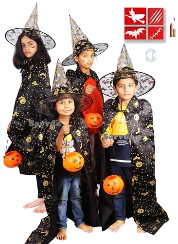 Image of Sarvda Velvet Halloween Dress For Boys Girls|Costume For Kids|Wizard,Fancy Dress,Cape|Costumes For Children,Hat,Halloween Bags,Buckets,Candy Baskets,Pumpkin Bags For Trick-Or-Treat,Multicolor