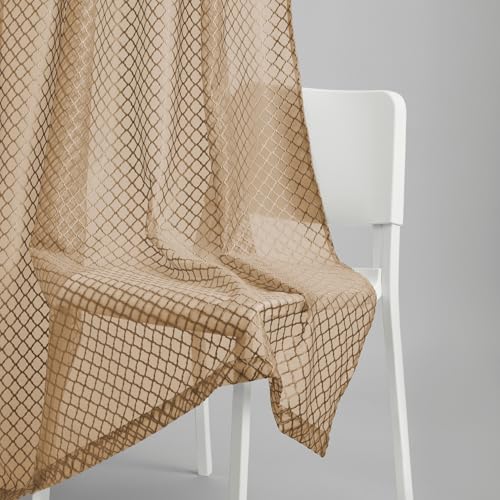 Image of haus & kinder Jacquard Sheer Window Curtains 5 Feet Long Pack of 2 Window Curtains, 5 Feet Curtains for Window, (Abstract Geometric Design, Sandstone Weave, 114x152cm)