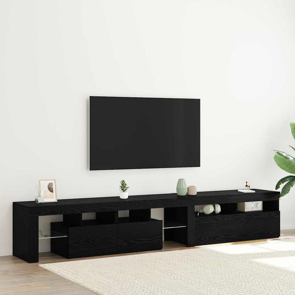 Juego de 2 armarios para TV en aspecto de roble negro, 2 unidades, mueble bajo con iluminación LED, 3 puertas y 4 estantes de cristal, armario para televisión para salón, cine en casa