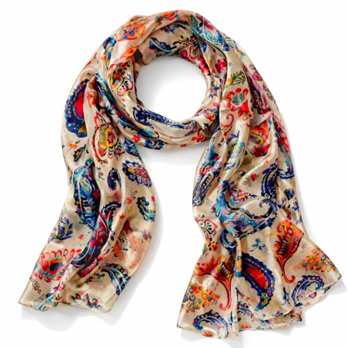 Alster Herz Premium Seidenschal Damen 176x110 cm großer leichter Schal 100% Seide elegantes Halstuch Frühling Sommer Herbst Muttertagsgeschenk (Buntes Paisley)