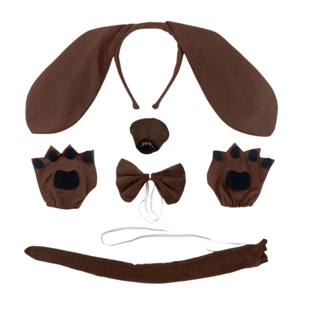 Dackel-Hunde-Set, 5-teiliges Welpen-Kostüm-Set, inklusive Dackel-Haarband, Nasenschwanz, Handschuhe, Fliege für Erwachsene, Kinder, Cosplay, Kindertag, Weihnachten, Tier-Mottoparty
