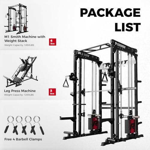 Image of RitFit M1 Pro Smith Machine Package, All-in-One Power Cage with Weight Stack Set, Includes LAT Pulldown & Cable Crossover System for Home Gym