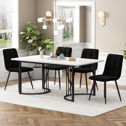 KUAKE Esstisch-Set mit 140x80 cm, Essgruppe mit aus Leinen, Küchen-Esstisch für Zuhause & Familie, Schwarz Metall Tischbeine(Schwarz-B)
