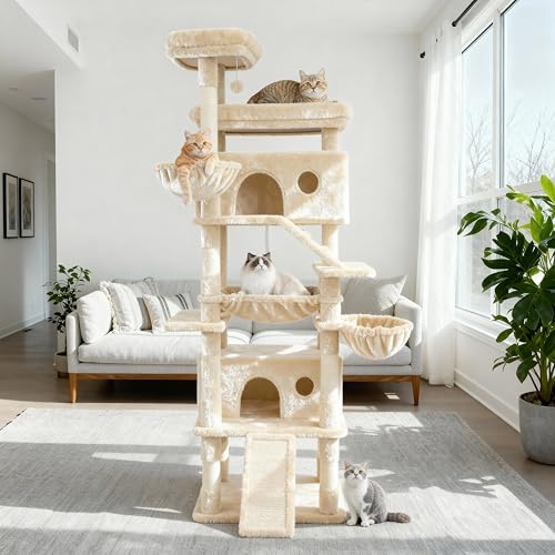 Cat Tree Tower for Large Cats, 80-Inch with 9 Posts, 2 Condos & Hammock