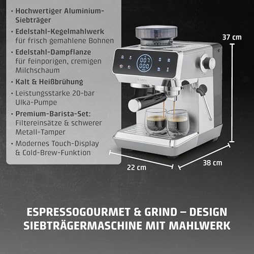 CASO EspressoGourmet & Grind Siebträgermaschine Edelstahl mit Mahlwerk, 20 Bar Ulka Pumpe, Touch-Display, Thermoblock, Vorbrühfunktion, Dampflanze,1,8 l Wassertank, Zubehör