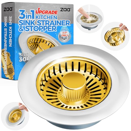 Image of zaa Kitchen Sink Drain Strainer - Kitchen Sink Stopper, 304 Stainless Steel Sink Drain Stopper, Sink Protector for Kitchen with Anti-Clog Filter, Fit US Standard 3-1 /2'' Sink Drain Hole, Gold