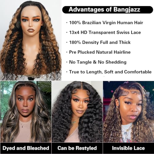 Image of bangjazz 26 Inch Deep Wave Lace Front Wigs Human Hair Fb /27 180% Density 13x4 HD Lace Frontal Wigs Human Hair Pre Plucked Ombre Lace Front Wig Balayage Highlight Glueless Wigs for Women